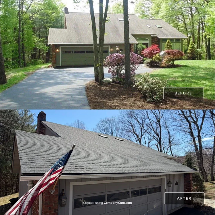 A wider view of the house and roof from the driveway.