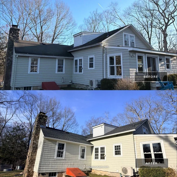 Before-and-after photographs of a Morris home and its roof, with dark shingles visible in the after view