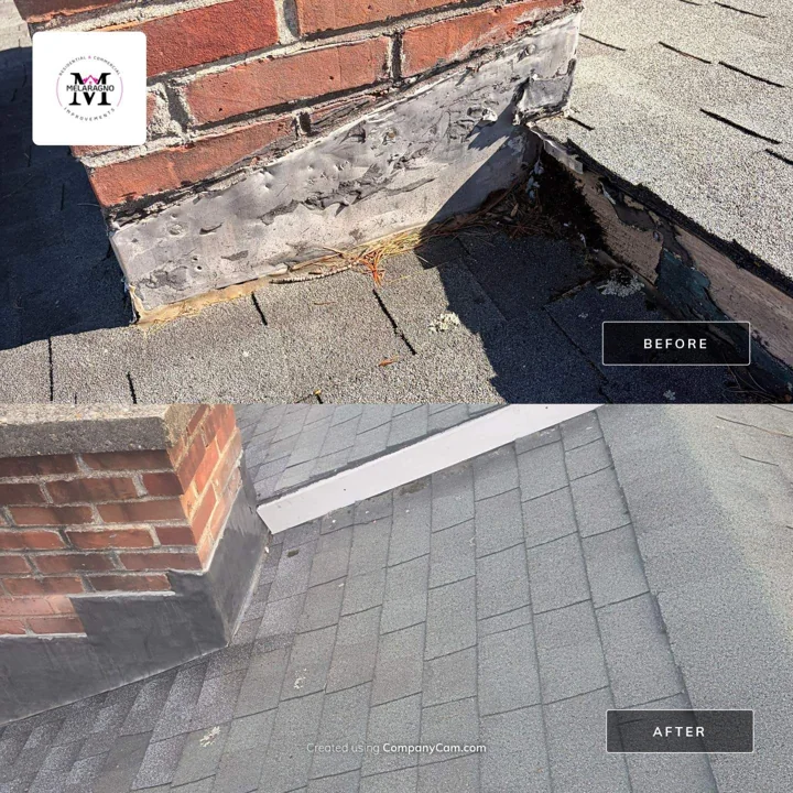 Coated flashing and the roof-to-chimney junction in the before view.
